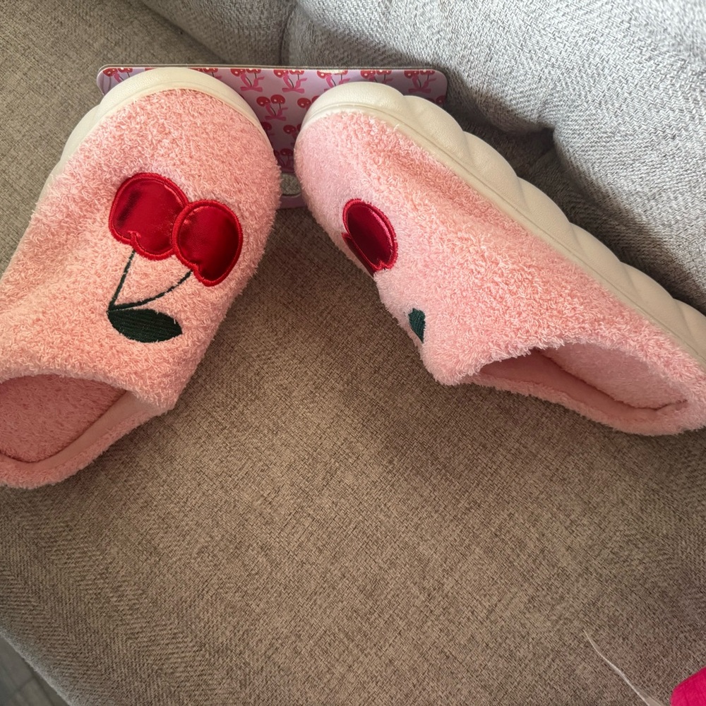Pink Fuzzy Cherry Slide Slippers - Picture 2 of 3